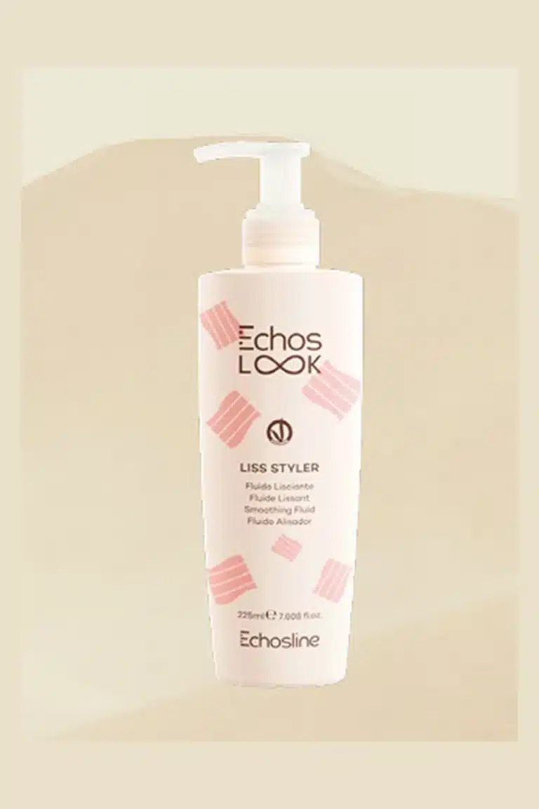 Echos Look Liss Styler 225ml bottle with pump dispenser on beige background.