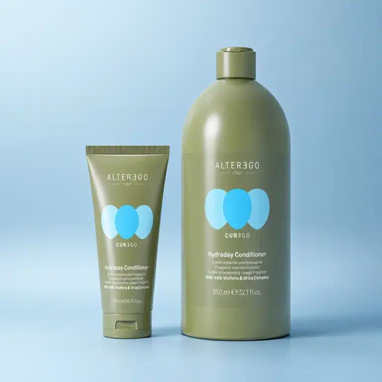 Alter Ego Italy Curego Hydraday Conditioner bottles on a blue background.