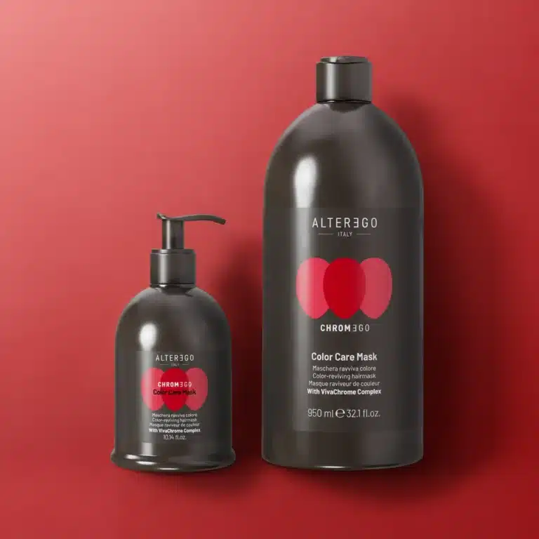 Alter Ego Italy Chromego Color Care Mask bottles on a red background.