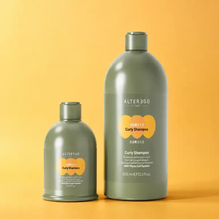 Two bottles of Alter Ego Curly Shampoo against a yellow background.