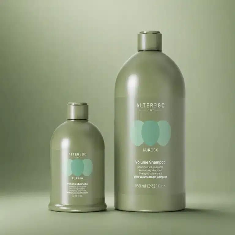 Curego Volume Shampoo bottles on green background.