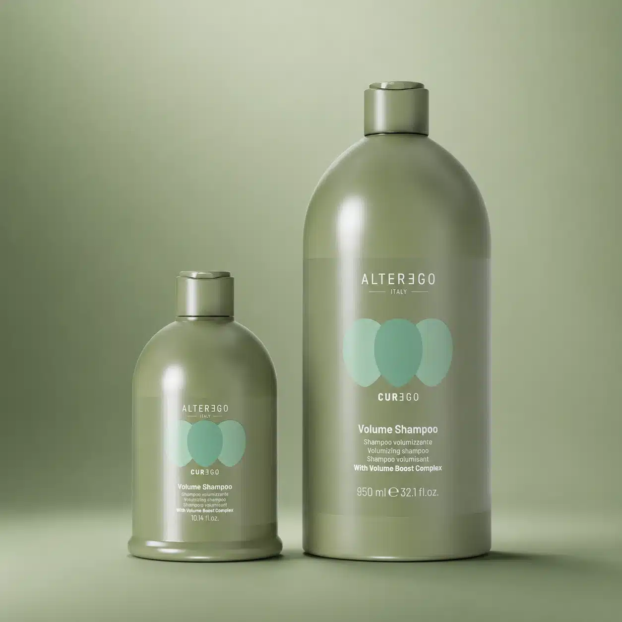 Curego Volume Shampoo bottles on green background.