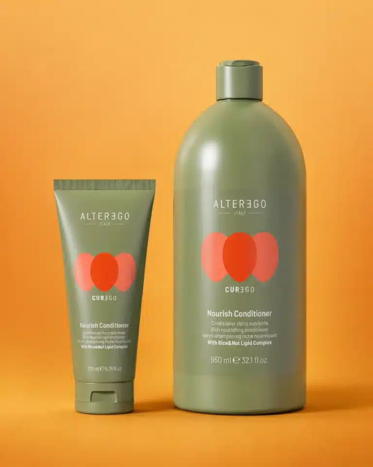 Curego Nourish Conditioner bottles on an orange background.
