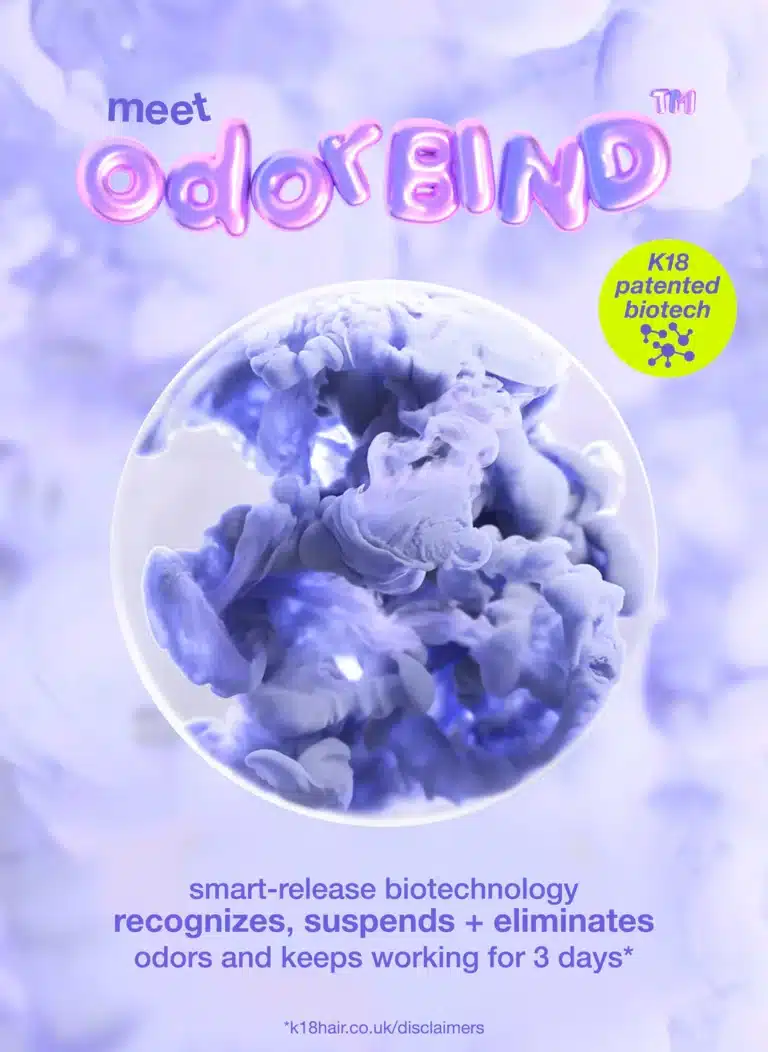 OdorBind™ biotechnology product illustration with text describing its odor control features and K18 patented biotech label.