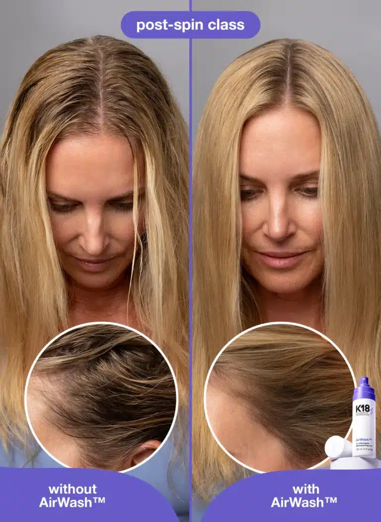 Before and after hair comparison with AirWash, showing improved smoothness and cleanliness, post-spin class.