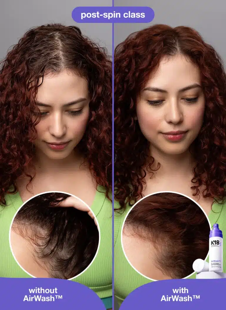 Hair comparison after spin class showing results without and with AirWash™ product.