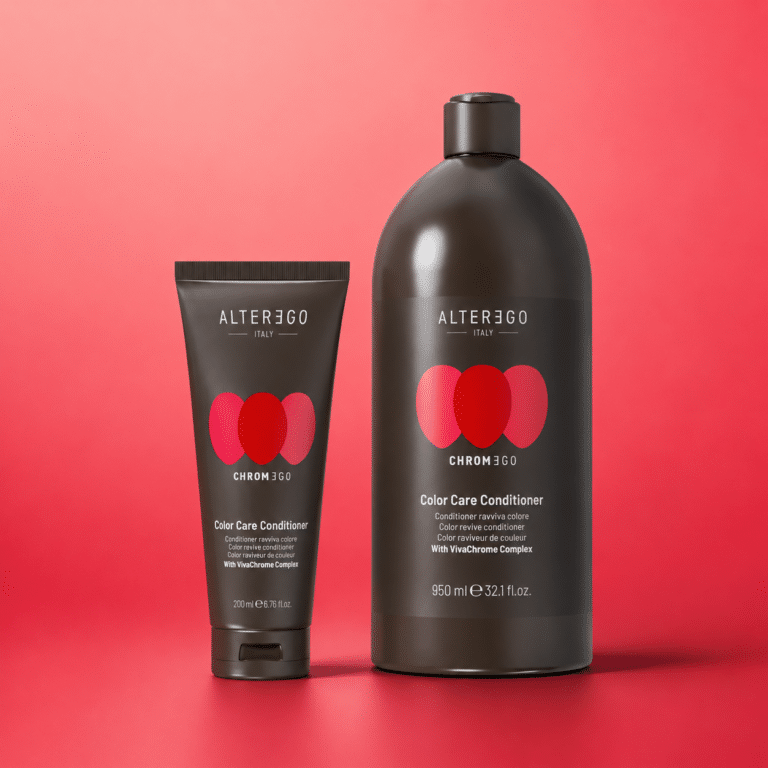 Alter Ego Italy Chromego Color Care Conditioner in two bottle sizes on a red background.