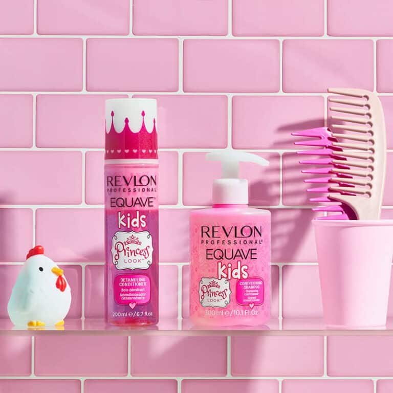 Revlon Equave Kids hair products on pink tiled shelf with a chicken toy and combs.