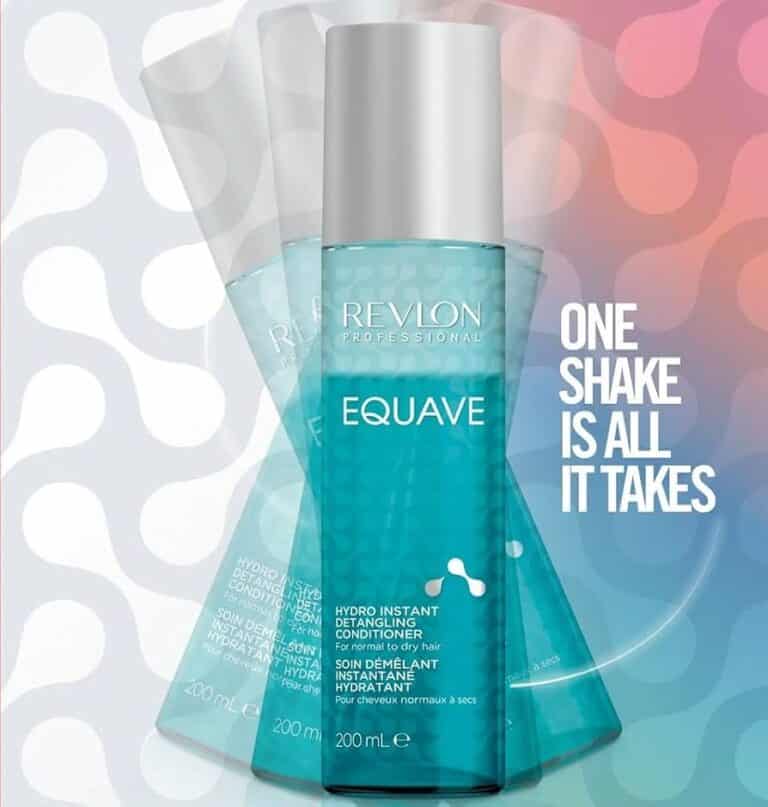 Revlon Equave detangling conditioner bottle with "One Shake is All It Takes" text on colorful background.