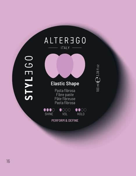 Alter Ego Italy Stylego Elastic Shape styling paste, 100ml, black and purple packaging on a lavender background.
