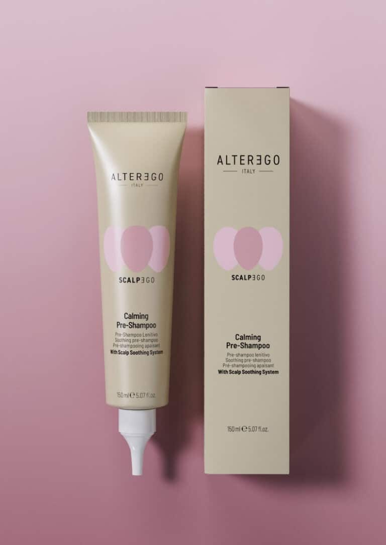 Alter Ego Italy Calming Pre-Shampoo tube and box on pink background.