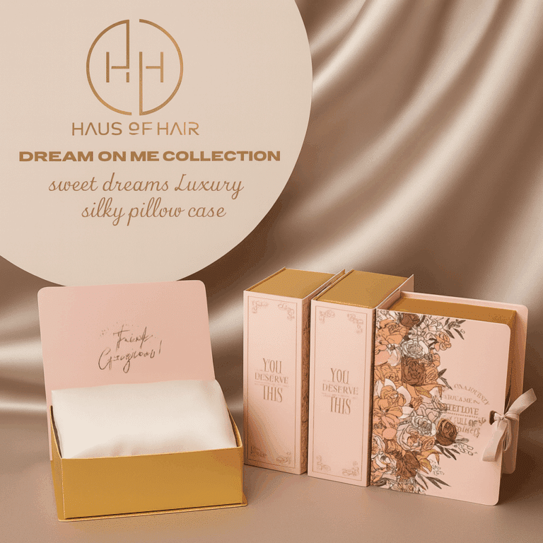 Haus of Hair luxury silky pillowcase packaging with floral design, elegant boxes, and soft material on a satin background.