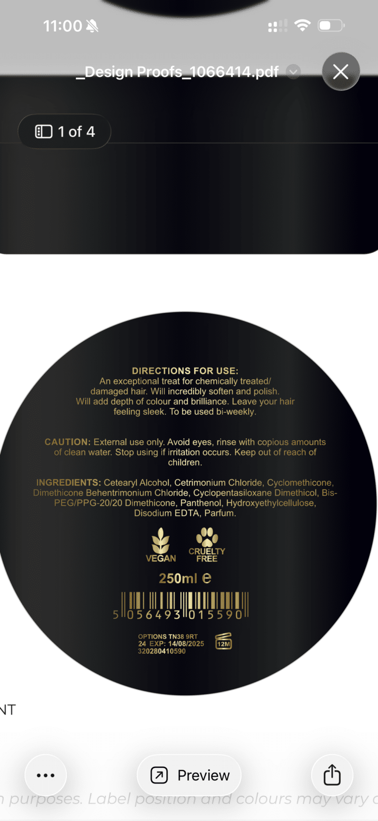 Product label with usage directions, caution, ingredients, vegan and cruelty-free icons, barcode, and 250ml volume.