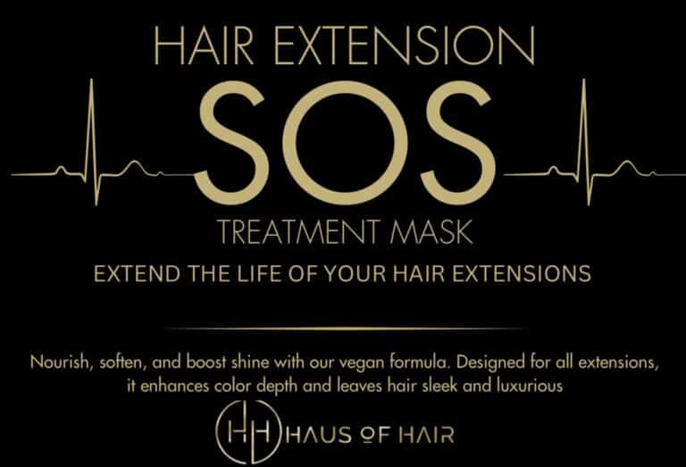 Hair Extension SOS Treatment Mask ad highlighting a vegan formula for extension care by Haus of Hair.