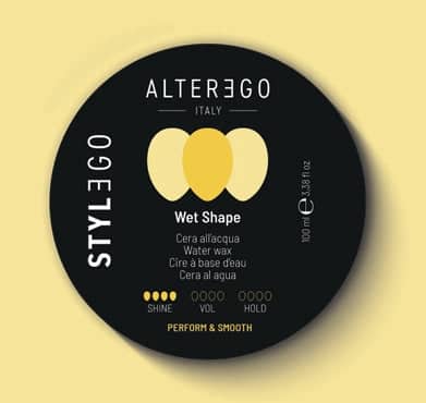 Alter Ego Italy Wet Shape Water Wax container with black and yellow design.